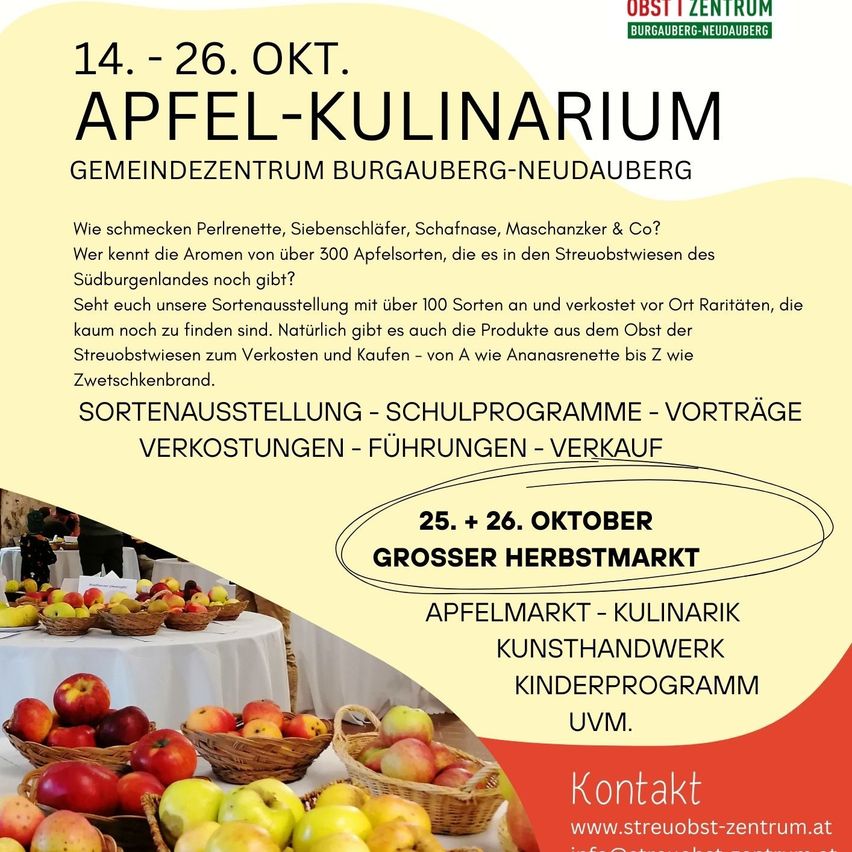 Werbeplakat für eine apfelthematische Veranstaltung im Gemeindezentrum Burgauberg-Neudauberg vom 14. bis 26. Oktober. Es zeigt Bilder von Äpfeln und enthält Details zu verschiedenen Apfelsorten, Kochvorführungen und Verkäufen.