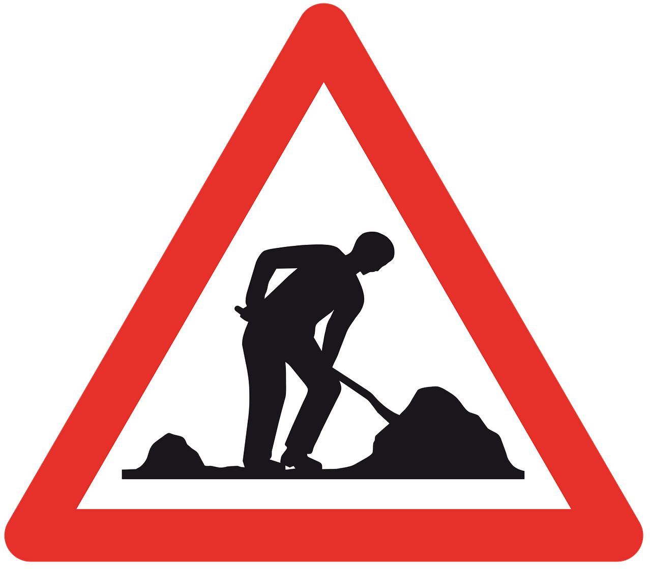 Ein Warnschild mit einer Silhouette eines Mannes, der eine Schaufel hält und auf einem Hang gräbt.