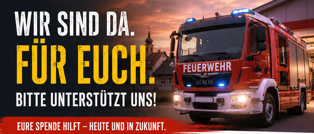 Plakat für die Freiwillige Feuerwehr mit einem roten Feuerwehrauto. Es ermutigt zu Spenden für moderne Ausrüstung, Fahrzeuge, Technik, Ausbildung und Jugend. Es enthält ein Herzsymbol, Kontaktinformationen und einen QR-Code für Spenden.