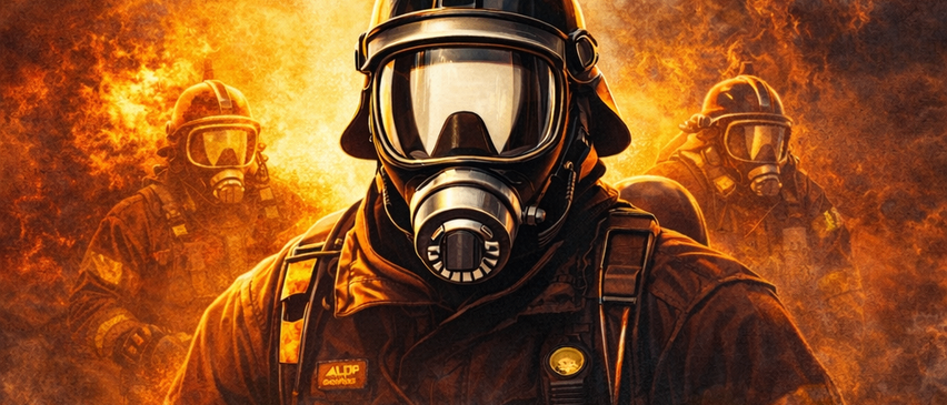 Werbeposter für die Atemschutzcup-Veranstaltung am 2. Mai 2026. Ein Feuerwehrmann in Schutzausrüstung steht vor einem feuerverzierten Hintergrund. Der Veranstaltungsort ist die Musikhalle, 7062 St. Margarethen.