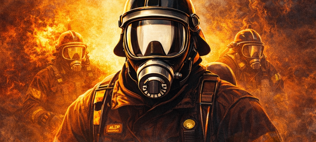 Werbeposter für die Atemschutzcup-Veranstaltung am 2. Mai 2026. Ein Feuerwehrmann in Schutzausrüstung steht vor einem feuerverzierten Hintergrund. Der Veranstaltungsort ist die Musikhalle, 7062 St. Margarethen.