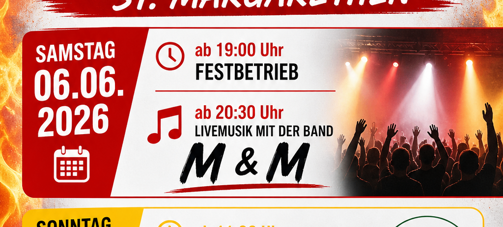 FF Fest in St. Margarethen. Samstag, 06.06.2026 ab 19:00 Uhr. Sonntag, 07.06.2026 ab 11:00 Uhr. Gemütlicher Frühstücksbrunch mit MV St. Margarethen.