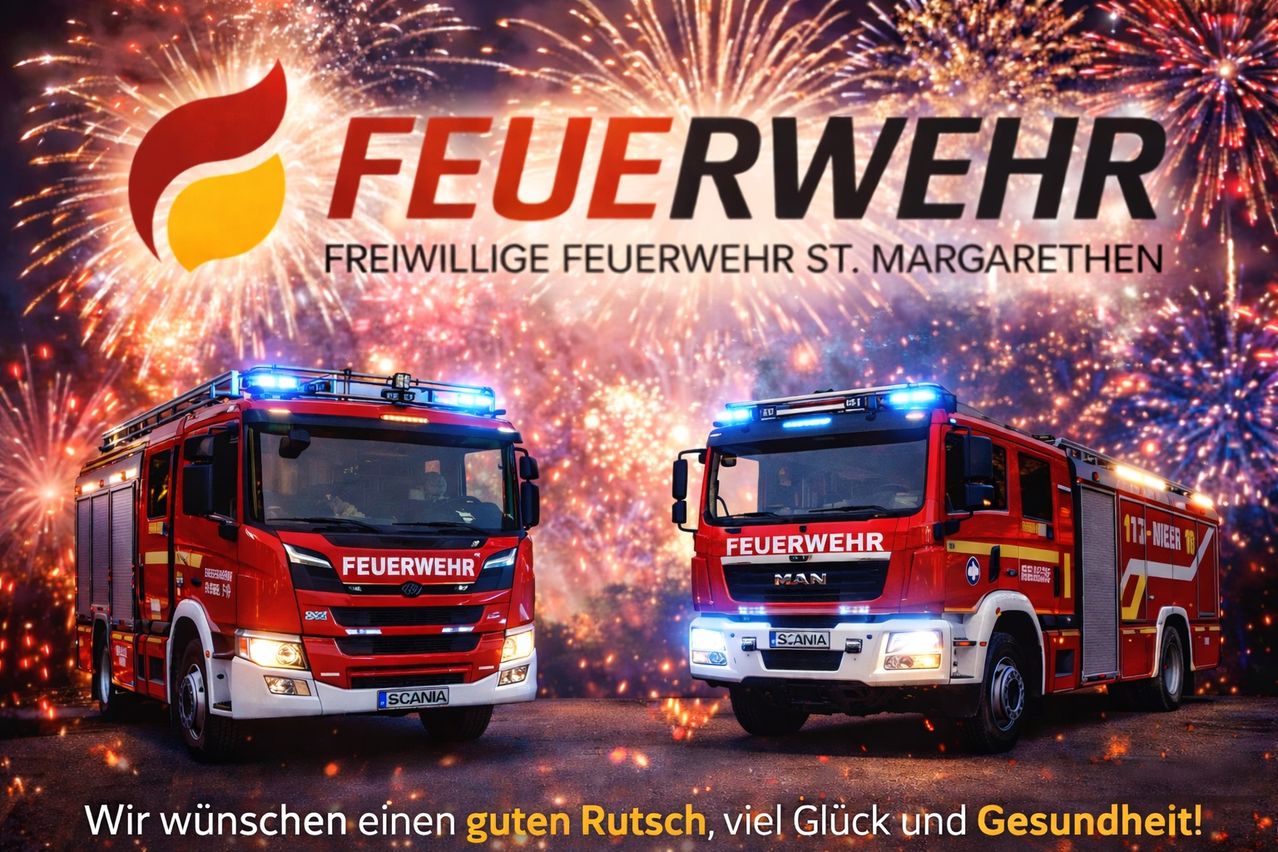 Zwei rote Feuerwehrfahrzeuge mit blinkenden Lichtern stehen vor einem Feuerwerk. Die Worte 'Feuerwehr Freiwillige Feuerwehr St. Margaret' sind in Rot geschrieben.