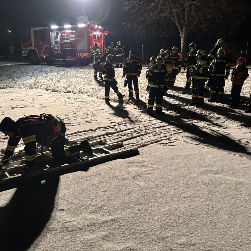 Eine Gruppe von Feuerwehrleuten steht bei schneebedecktem Wetter; einer ist auf einer Leiter und ein Feuerwehrwagen steht dahinter.