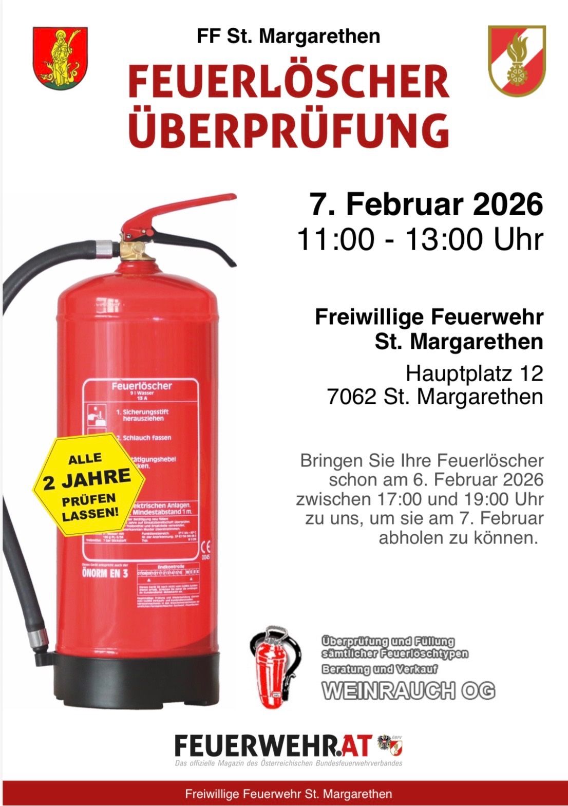 Ein Bild eines roten Feuerlöschers mit einem gelben Aufkleber, der 'ALLE 2 JAHRE PRUFE LASSEN!' liest. Das Datum und die Uhrzeit '7. Februar 2026 11:00 - 13:00 Uhr' werden angezeigt. Unten steht ein Text über das Mitbringen von Feuerlöschern zur Überprüfung am 6. Februar 2026.
