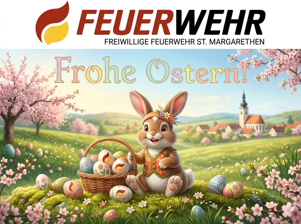 Eine Osterkarte mit einem Hasen in einem dekorierten Westchen, der einen Korb mit Ostereiern vor einer Dorflandschaft hält.