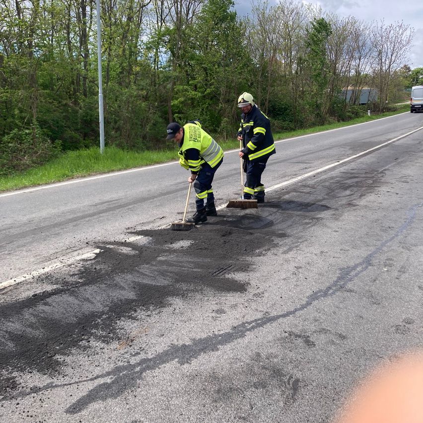 Zwei Arbeiter reinigen Asphalt auf der Straße. Einer hält einen Besen und der andere einen Pinsel. Bäume und Büsche sind an der Seite.