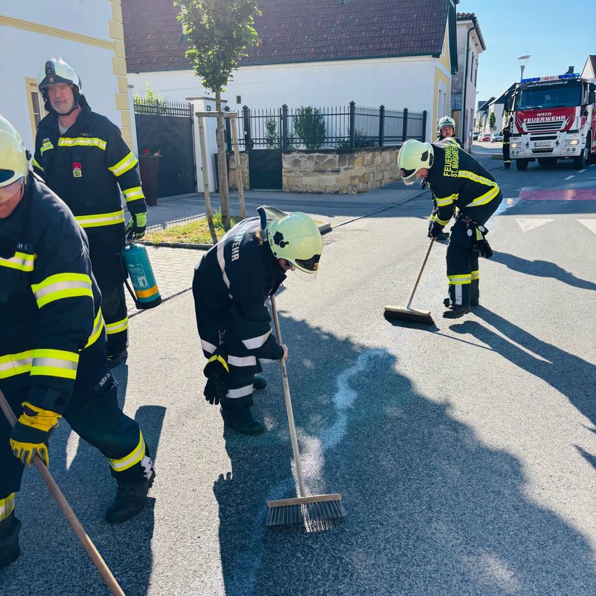 Feuerwehrleute in Uniform und Helmen reinigen die Straße mit Besen und halten einen Feuerlöscher. Ein Feuerwehrwagen ist in der Nähe geparkt.