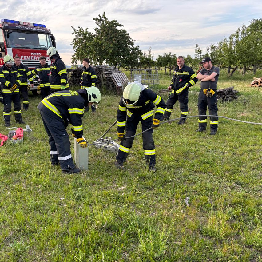 Eine Gruppe Feuerwehrleute in voller Ausrüstung führt eine Übung auf einer Grasfläche durch, wobei einige Werkzeuge halten. Dahinter steht ein Feuerwehrwagen und ein Feuerwehrmann.