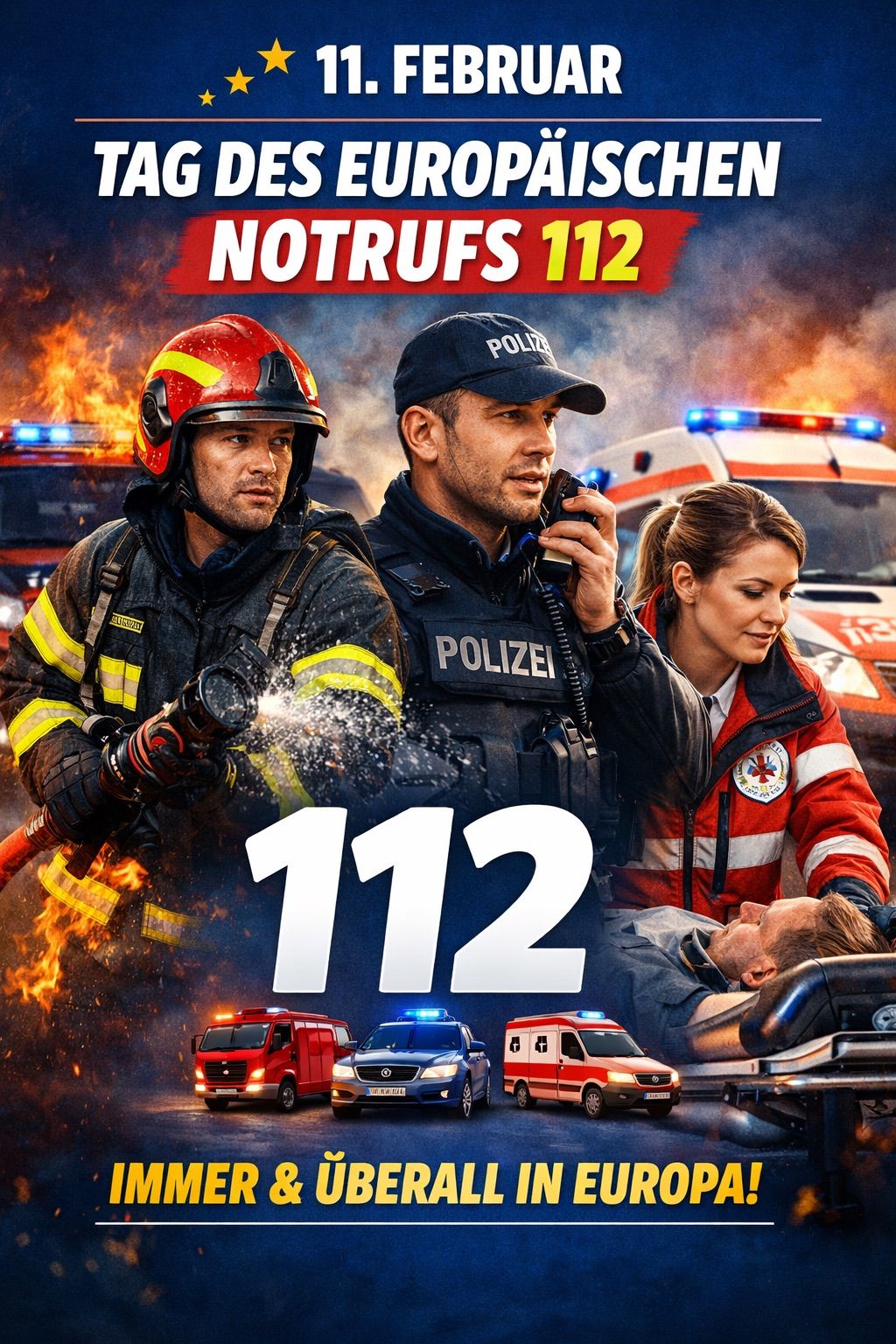 Poster für den Notruf 112 zeigt Feuerwehrleute, Polizei und medizinisches Personal mit Rettungsfahrzeugen. Im Mittelpunkt steht die Nummer 112.