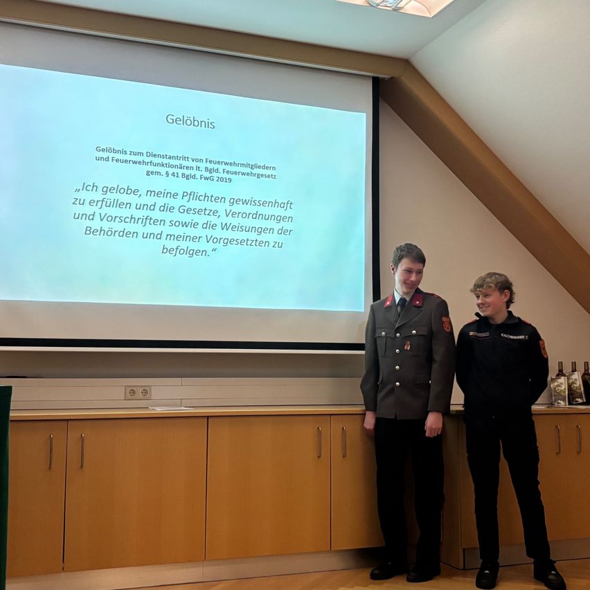 Zwei Männer in Uniformen stehen vor einer Projektionsleinwand, die eine Folie mit dem Titel 'Gelöbnis' und Text anzeigt. Sie scheinen sich in einem Klassenzimmer zu befinden.