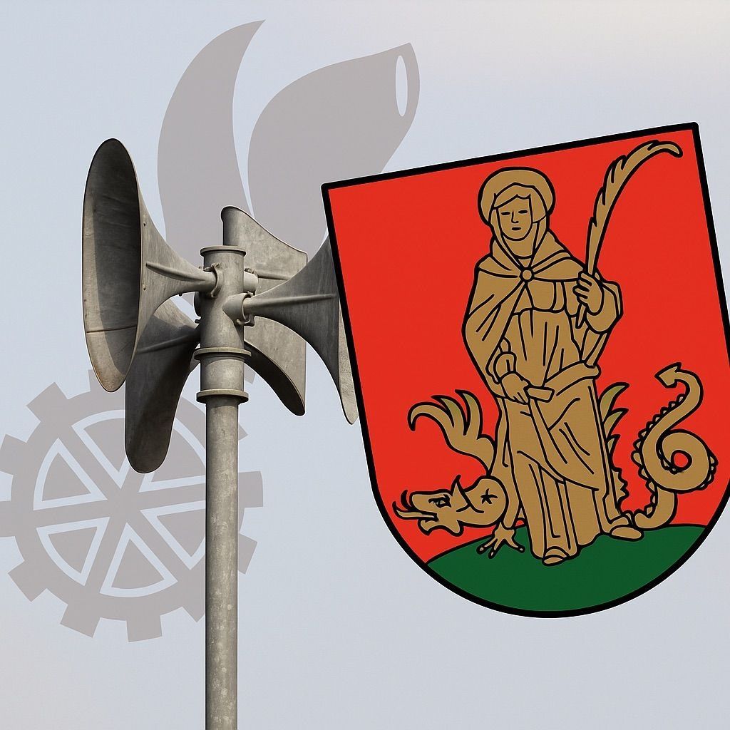 Ein rotes Schild mit einem Drachen und einer Heiligen mit einem Stab und einer Feder auf einem Pfahl. Der Hintergrund ist grau mit einem Zahnrad.