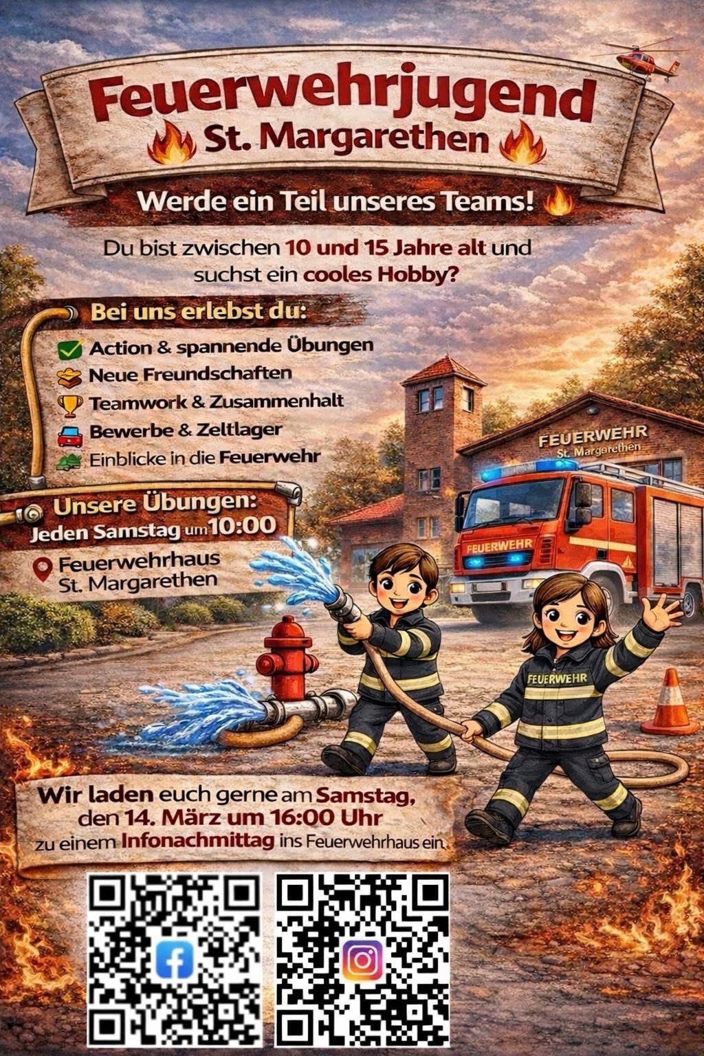 Plakat für ein Feuerwehrerlebnis für Kinder im Alter von 10-15 Jahren. Aktivitäten umfassen Action, neue Freundschaften, Teamwork und Einblicke in die Feuerwehr. Samstagstraining in der Feuerwache in St. Margarethen. Komm am 14. März um 16 Uhr vorbei.