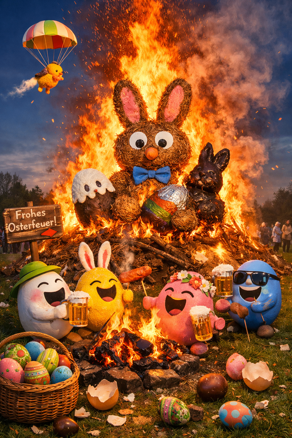 Animierte Hasen feiern um ein Lagerfeuer herum, auf dem eine Osterhasenstatue brennt. Sie halten Getränke und Würstchen in der Hand, ein Schild mit der Aufschrift 'Frohes Ostern!' und Leute im Hintergrund.