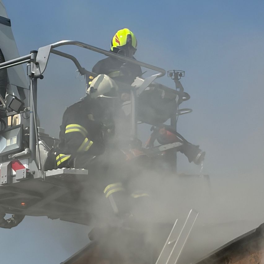 Zwei Feuerwehrleute sind auf einer Leiter, einer mit gelbem Helm und der andere mit weißem Helm, und spritzen Wasser auf ein Feuer.
