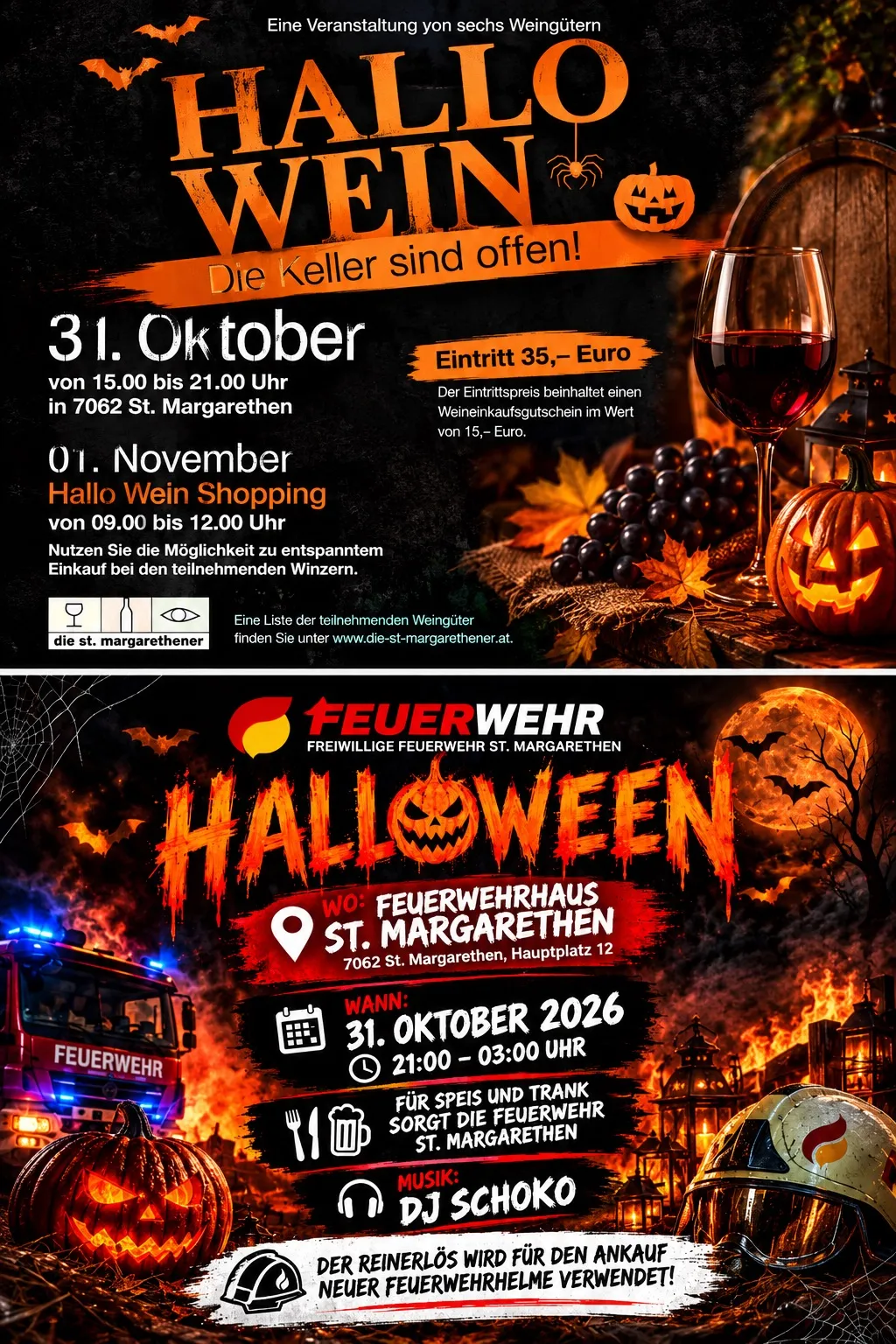 Ein Plakat für eine Halloween-Veranstaltung mit Kürbis, Fledermäusen und einem Feuerwehrauto. Die Veranstaltung heißt 'Halloween Wein' und findet am 31. Oktober von 15 Uhr bis 21 Uhr statt.