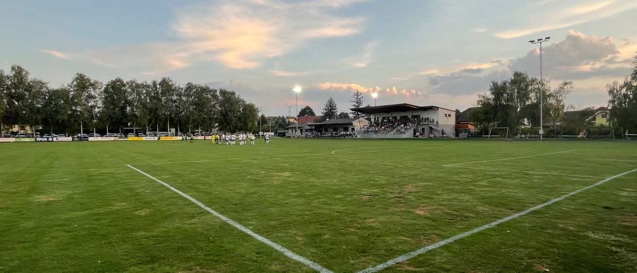 Ein Fußballfeld mit einer großen Gruppe von Spielern in der Mitte, umgeben von Bäumen und Straßenlaternen. Eine große Menge schaut von den Tribünen zu.
