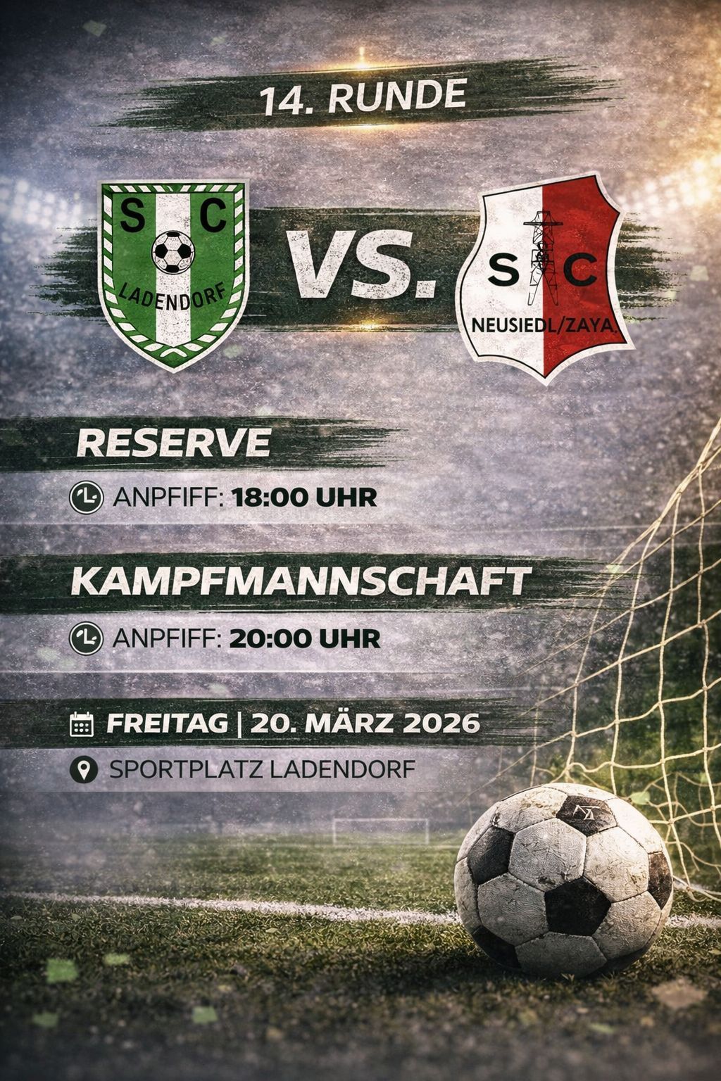 Fußballspielposter mit zwei Teams, SC Ladendorf und SC Neusiedel/Zaya, am 20. März 2026. Reservespiel beginnt um 18:00 Uhr, Hauptspiel um 20:00 Uhr auf dem Sportplatz Ladendorf.