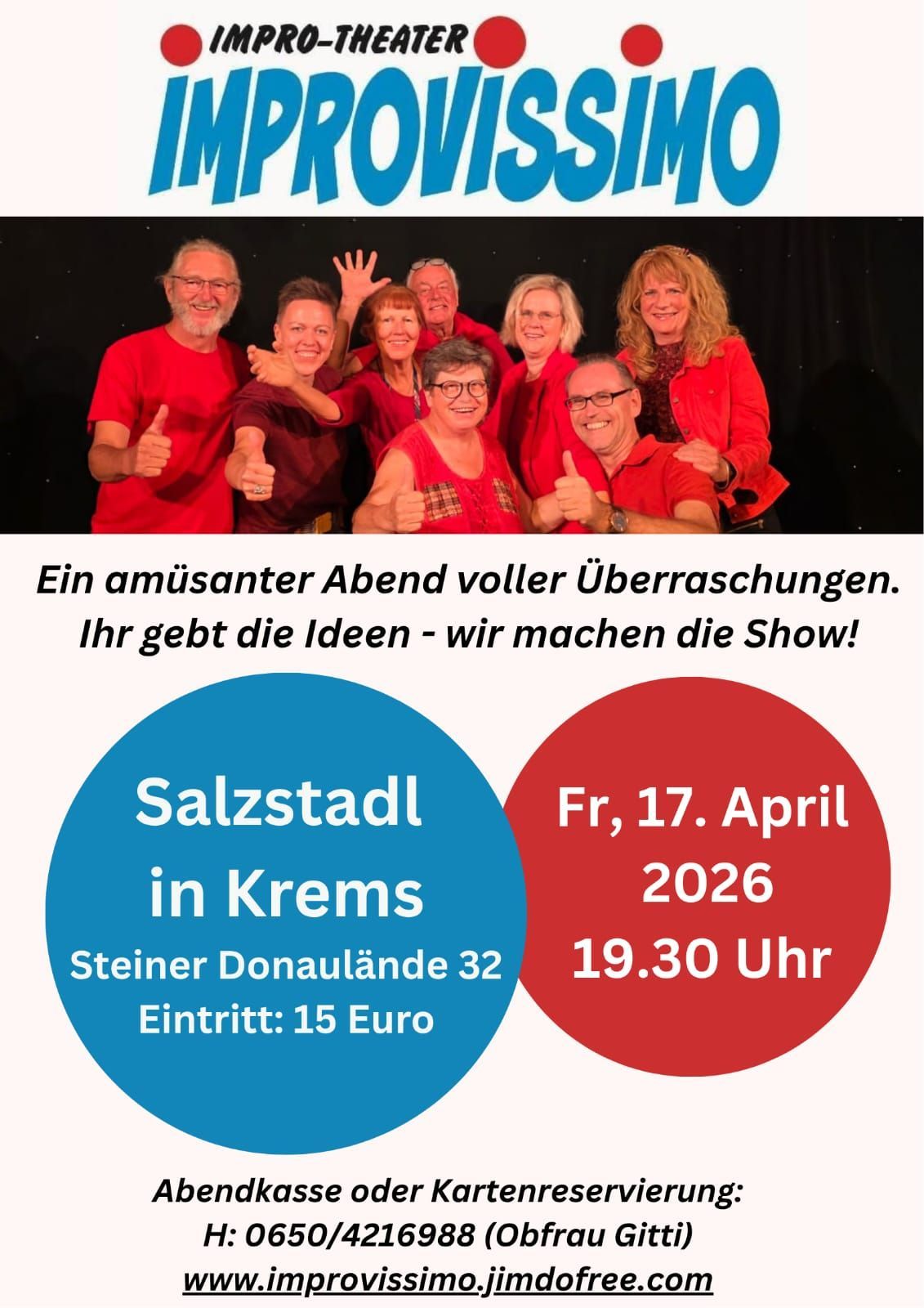 Eine Gruppe von Menschen in roten Oberteilen und Brillen, die lächeln und Daumen hoch halten, wahrscheinlich bei einer Veranstaltung. Darunter steht: 'Salzstadt in Krems,' 'Fr, 17. April 2026,' '19.30 Uhr' und 'Eintritt: 15 Euro.'