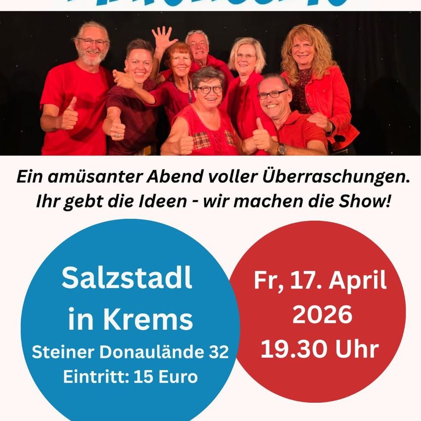 Gruppenfoto von Erwachsenen in roten Shirts lächelnd. Unten, Salzstadl in Krems, 17. April 2026, 19:30, Eintritt 15 Euro.