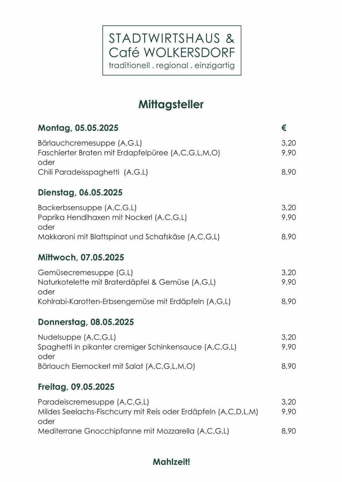 Wöchentliche Speisekarte des Restaurants vom 5. Mai 2025, inklusive vegetarischer, glutenfreier und laktosefreier Optionen. Jeden Tag gibt es zwei Hauptgerichte und einen Nachtisch, mit aufgeführten Preisen.