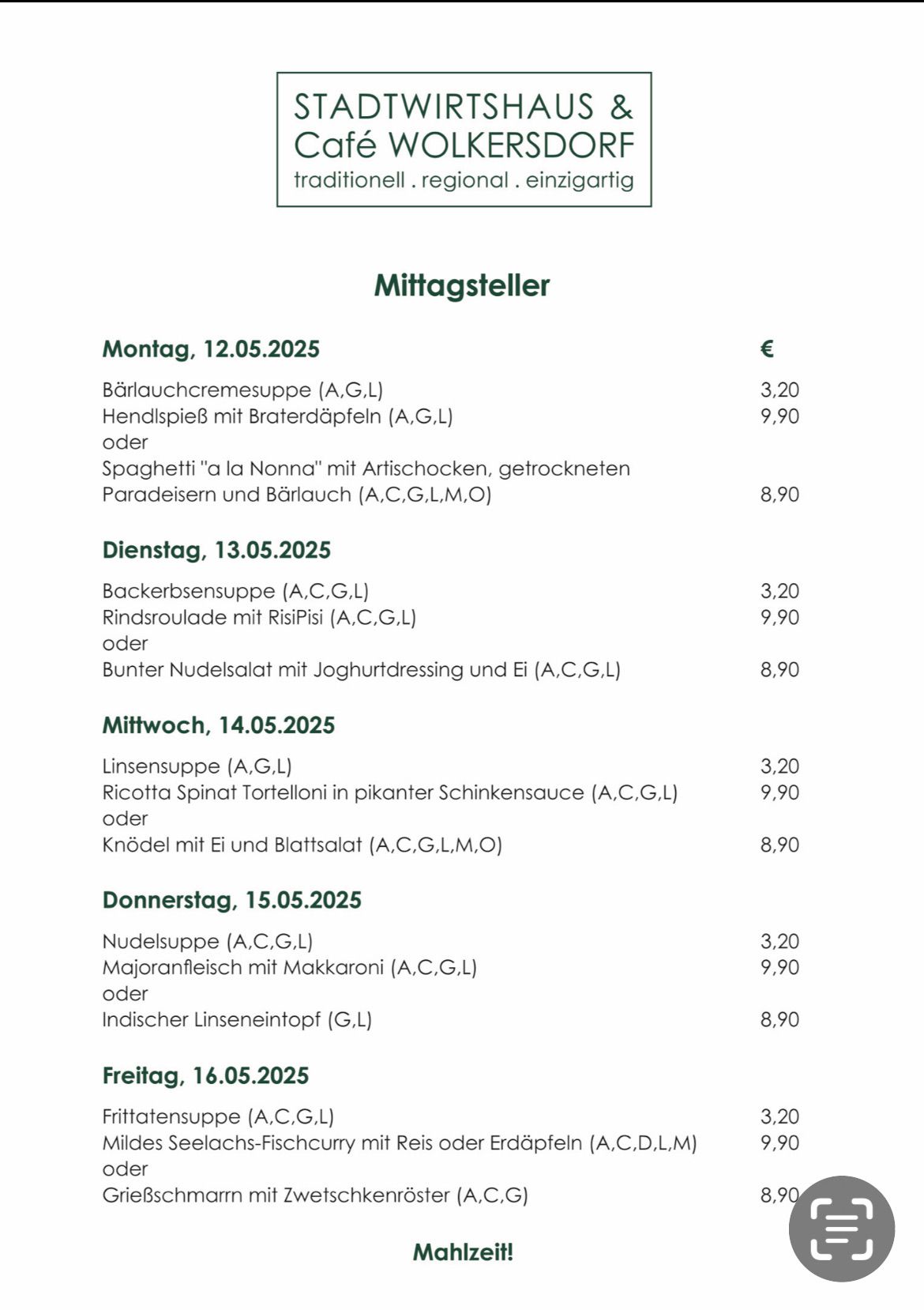 Die Menüliste zeigt tägliche Mahlzeiten vom 12. Mai bis 16. Mai 2025. Jeden Tag gibt es Suppe, ein Hauptgericht und ein Dessert. Die Preise für jede Mahlzeit sind angegeben.