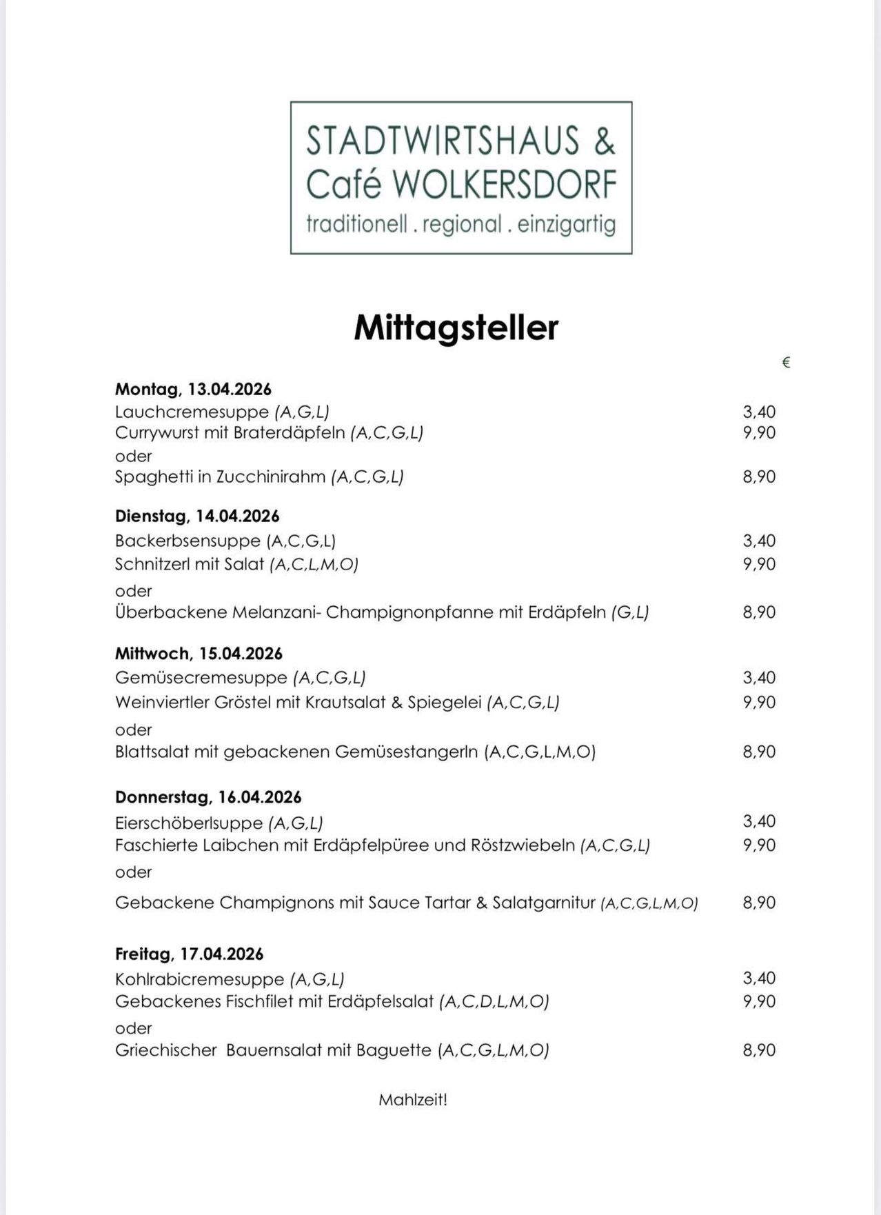 Menu for April 13-17, 2026, featuring daily specials from a regional cafe. Dishes include soups, meats, and vegetables. Prices range from 3.40 to 8.90 euros.