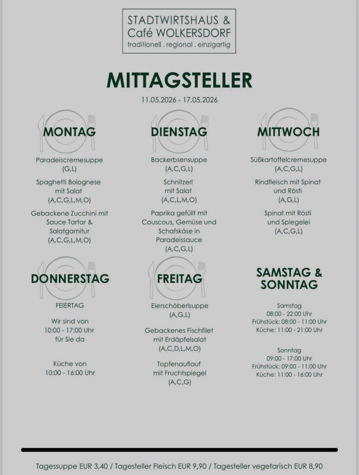 Das Bild zeigt ein Mittagsteller-Menü vom 11. Mai bis 17. Mai 2026. Es listet tägliche Mahlzeiten von Montag bis Sonntag auf, einschließlich Suppen, Nudeln und Fisch, mit Optionen, die für Vegetarier, glutenfrei, laktosefrei oder ohne Fleisch geeignet sind.