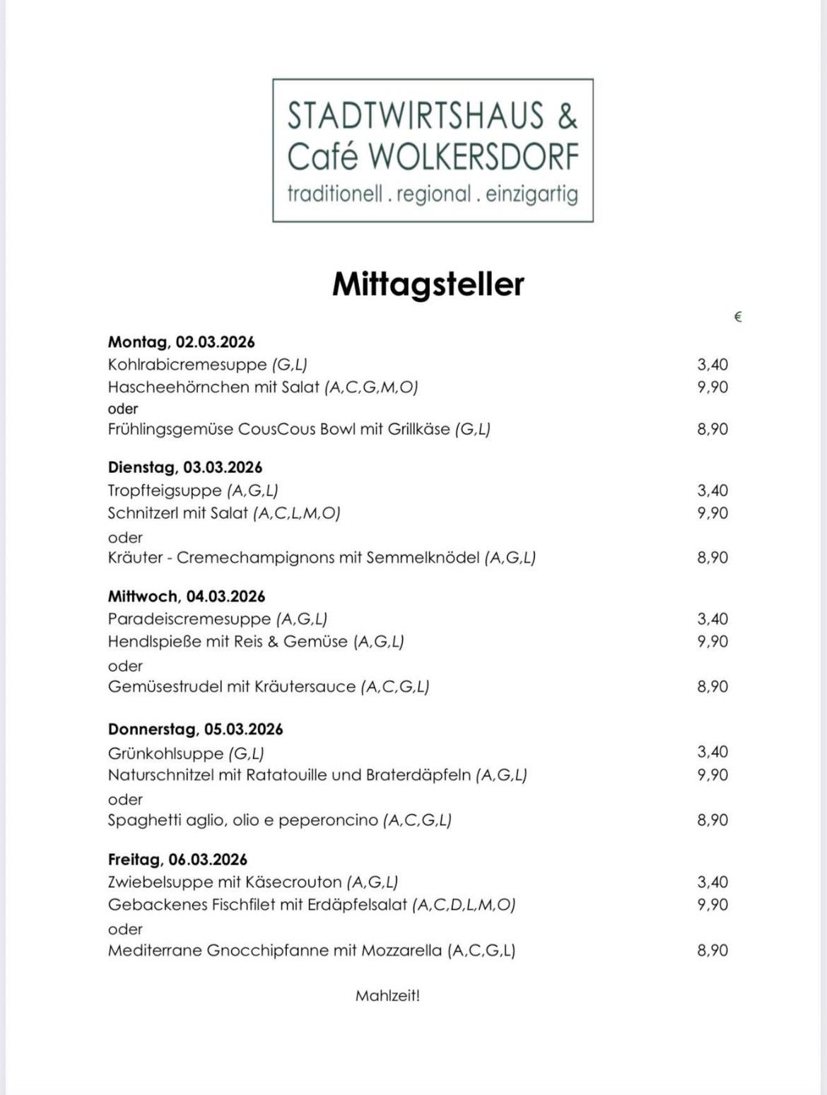 Speisekarte für die Woche vom 2. bis 6. März 2026. Jeden Tag gibt es vegetarische und nicht-vegetarische Optionen. Die Preise reichen von 3,40 bis 9,90 Euro.