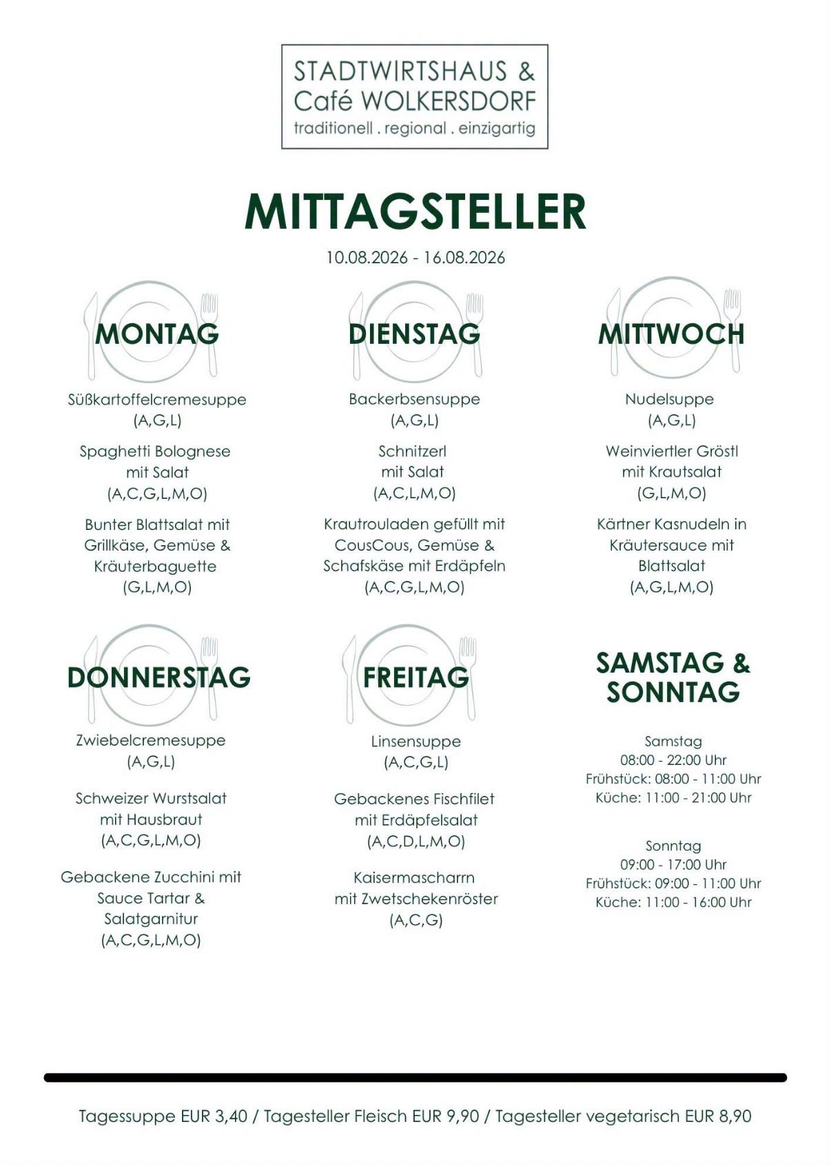 Wöchentliches Menü vom 10. August bis 16. August 2026 mit verschiedenen Gerichten für jeden Tag, einschließlich Suppen, Pasta und Salate mit spezifischen Zutaten und Allergenen.