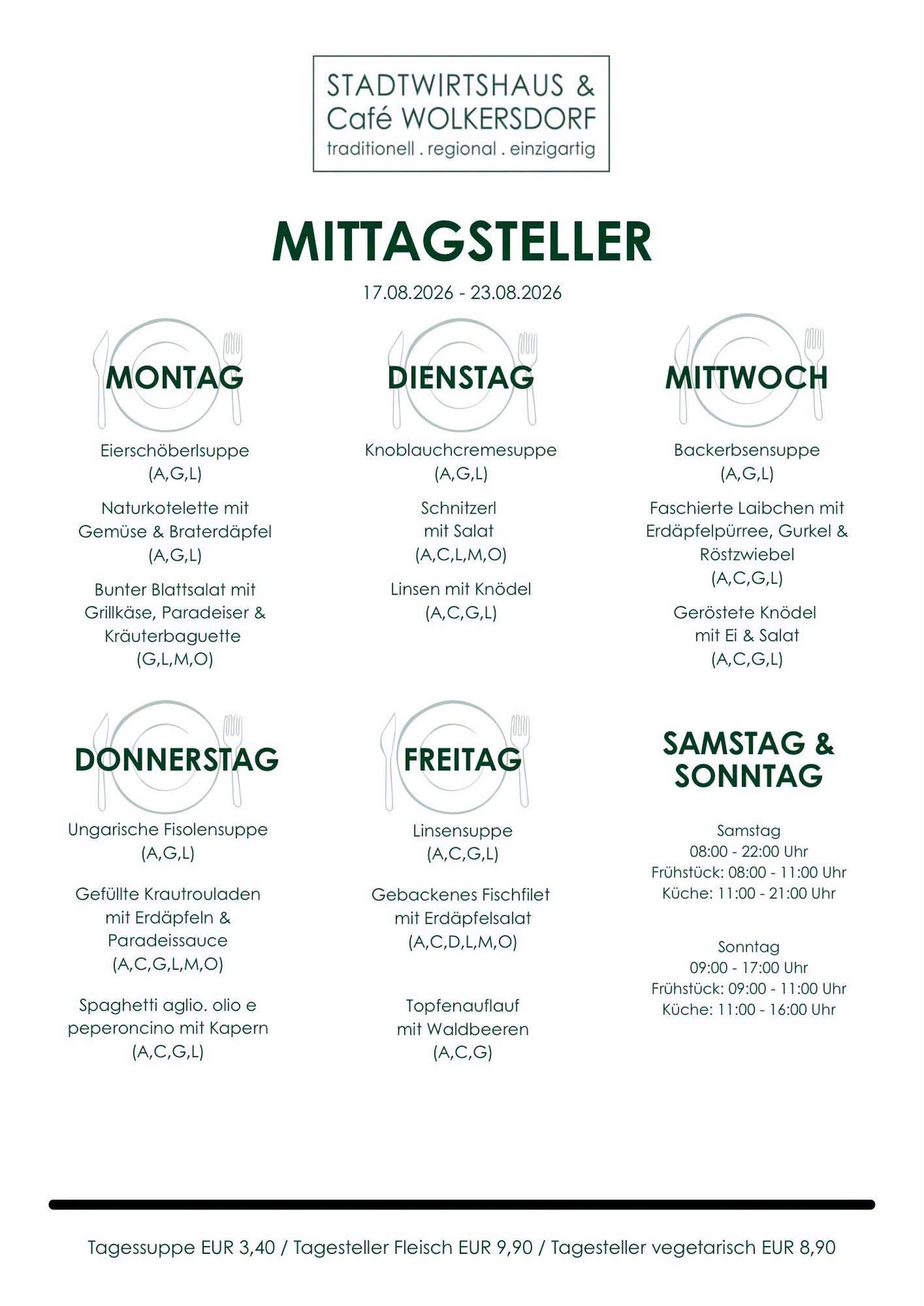 A menu for Mittagsteller from August 17, 2026, to August 23, 2026, featuring daily meal options with ingredients and dietary restrictions.