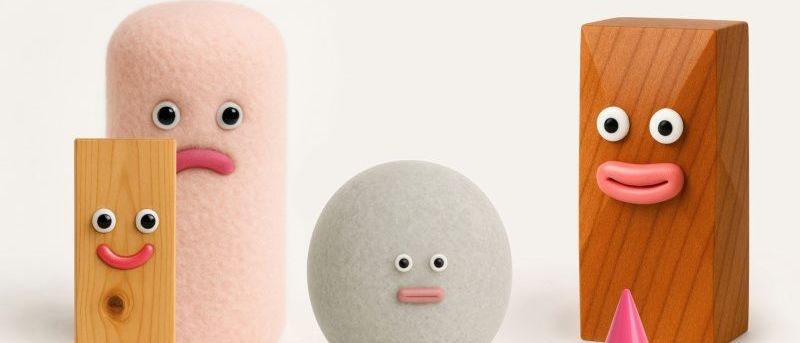 Fünf Figuren mit Gesichtern sind ausgestellt: ein rosafarbener zylindrischer Plüsch, ein grauer kugelförmiger Plüsch, ein brauner Block, ein brauner Stab und ein rosa Kegel.