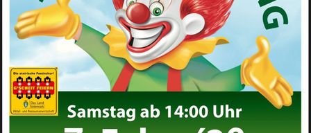 Plakat für den 2. Kinderfasching mit einem Clown, Datum 7. Februar 2026, Ort Ebersdorf. Aktivitäten umfassen Kinderanimation, Spiele, Spaß, Musik, Tanz und regionale Speisen.
