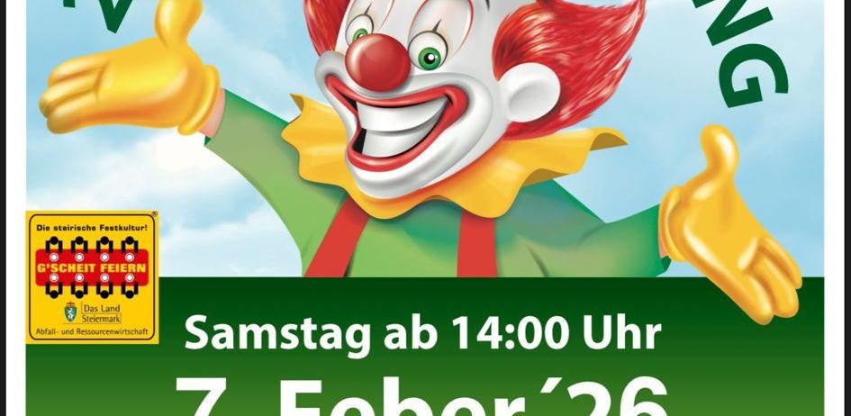 Plakat für den 2. Kinderfasching mit einem Clown, Datum 7. Februar 2026, Ort Ebersdorf. Aktivitäten umfassen Kinderanimation, Spiele, Spaß, Musik, Tanz und regionale Speisen.