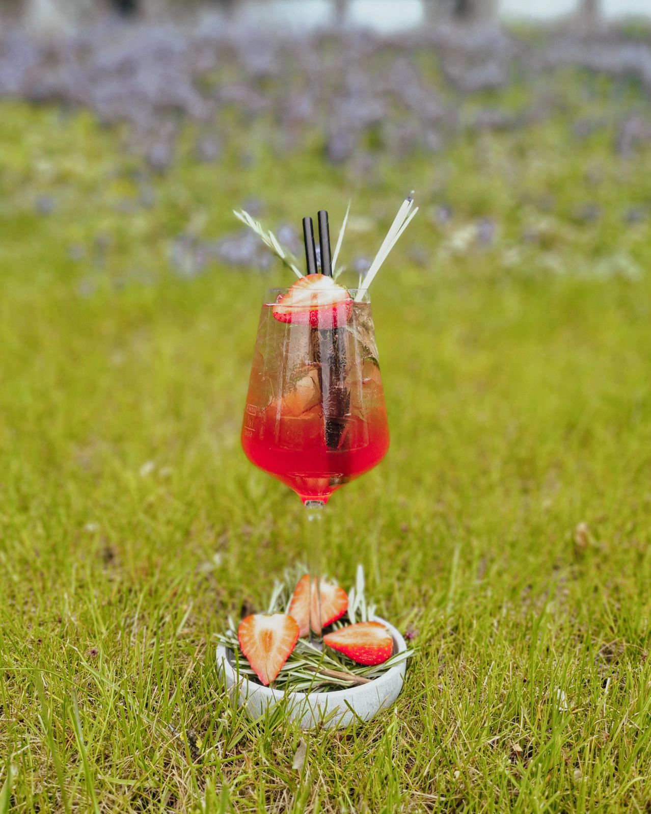 Ein roter Cocktail mit einem schwarzen Strohhalm steht auf einer Untertasse mit geschnittenen Erdbeeren und Kräutern auf einem Rasen.
