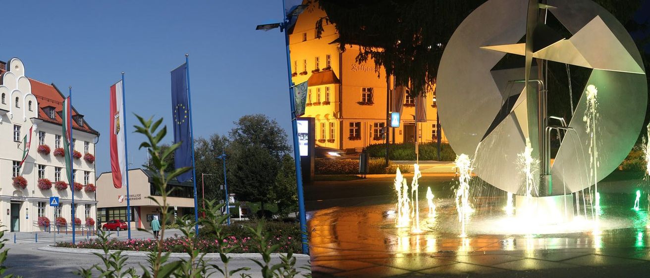 Zwei Bilder eines Stadtplatzes bei Nacht, mit einem Brunnen mit beleuchtetem Wasser und einem Gebäude mit vielen Fenstern.