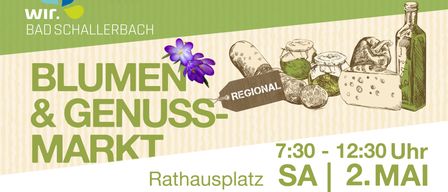 Ein Plakat für den 'Frauen Genussmarkt' in Ellerbach. Es zeigt eine violette Blume, regionale Produkte und einen Zeitplan. Die Veranstaltung findet am Samstag auf dem Rathausplatz von 7:30 Uhr bis 12 Uhr statt.