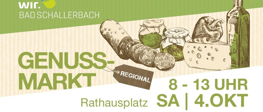 Ein Plakat für den regionalen Markt in Hallerbach, das Käse, Gurken und Brot zeigt, mit der Veranstaltung vom 8. bis 13. August am Rathausplatz.
