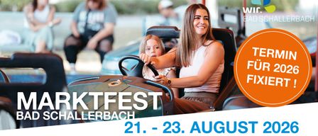 Eine erwachsene Frau und ein Mädchen sitzen lächelnd in einem Autoscooter und die Texte 'KTFEST' und 'ELLERBACH' sind vorne angebracht. Die Veranstaltung ist für den 21. bis 23. August geplant.