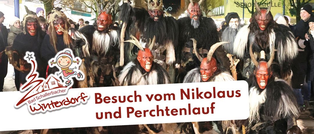 Eine Gruppe von Menschen in gruseligen Kostümen mit Hörnern und roten Masken. Das Bild hat einen deutschen Bildunterschrift, 'Besuch vom Nikolaus und Perchtenlauf'.