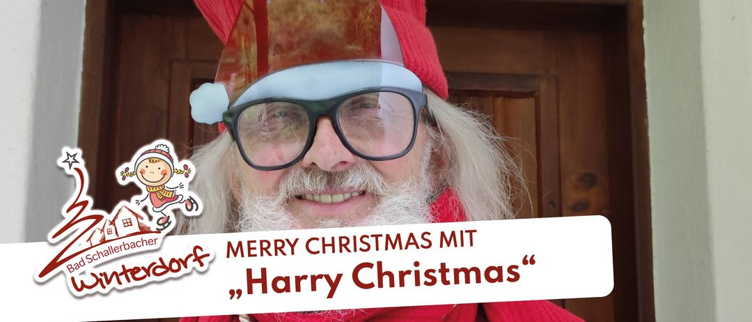 Ein lächelnder Mann mit weißem Bart, trägt einen roten Hut und eine Brille, mit einer festlichen Botschaft 'Fröhliche Weihnachten mit Harry Christmas'.