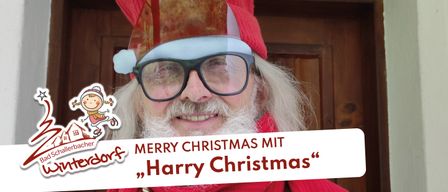 Ein lächelnder Mann mit weißem Bart, trägt einen roten Hut und eine Brille, mit einer festlichen Botschaft 'Fröhliche Weihnachten mit Harry Christmas'.