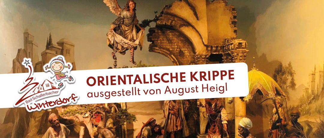 Eine orientalische Krippe von August Heigl, mit einem fliegenden Engel über einem zerstörten Bogen, sitzenden Figuren und einem Kamel.