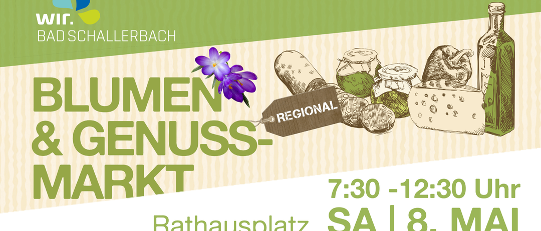 Plakat für einen regionalen Bauernmarkt in Lerbbach, mit einer violetten Blume und verschiedenen Gläsern mit Produkten, mit der Veranstaltungszeit von 7:30 Uhr bis 12 Uhr am Samstag.