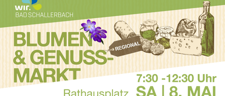 Poster for a regional farmers market in Lerbbach, featuring a purple flower and various jars of produce, with the event time of 7:30 AM to 12 PM on Saturday.