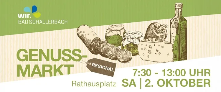 Plakat für die Genuss-Markt Veranstaltung in Bad Schallerbach, zeigt eine Flasche, Käse und andere Lebensmittel mit grünem Hintergrund.