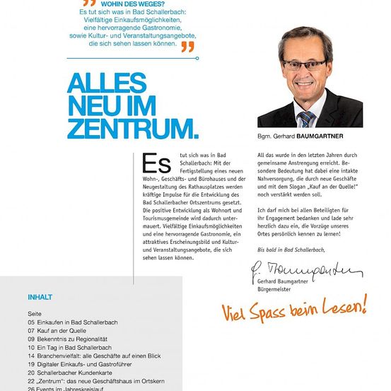 Ein lächelnder Mann in Anzug und Krawatte mit dem Text "Gerhard Baumgarten". Das Bild enthält einen deutschen Text mit der blauen Überschrift "Alles Neu im Zentrum". Der Text beschreibt die Entwicklung von Bad Schallerbach und eine Unterschrift am unteren Rand.