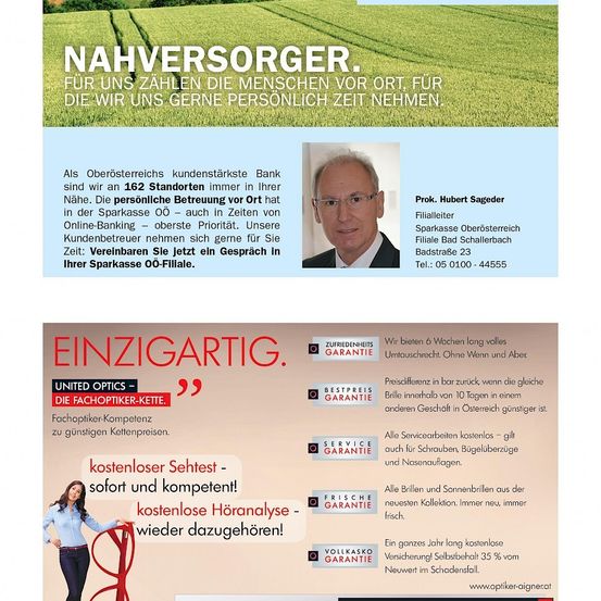 Eine Werbung für eine österreichische Bank, die persönlichen Service betont. Sie zeigt ein Foto eines männlichen Vertreters und hebt Vorteile wie kostenlose Augen- und Sonnenbrillendienste hervor, mit einer Frau, die eine Brille hält.