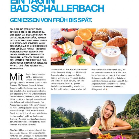Ein Artikel, der eine Spa-Erfahrung in Bad Schallerbach bewirbt. Es werden die Angebote des Spas hervorgehoben, einschließlich Frühstück, verschiedene Cafés und Schönheitsbehandlungen. Der Spa ist von morgens bis spät abends geöffnet.