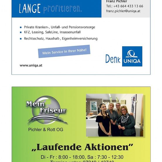 Visitenkarte für Franz Pichler mit Kontaktdaten, angebotenen Dienstleistungen und Website. Unten ist ein Flyer für Pichler & Rott OG mit laufenden Aktionen und Öffnungszeiten.